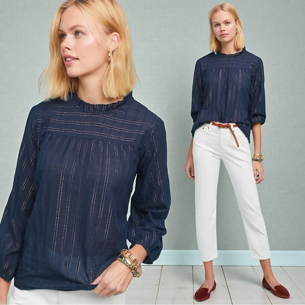 NWT Anthropologie Maeve Boho Peasant Women’s Reston Blouse In Navy Size Small